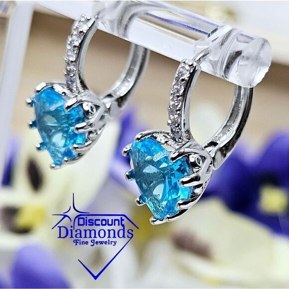 Sky Blue Sapphire Dangle Earrings & White Baguette Diamonds on 925 Silver - Picture 4 of 8